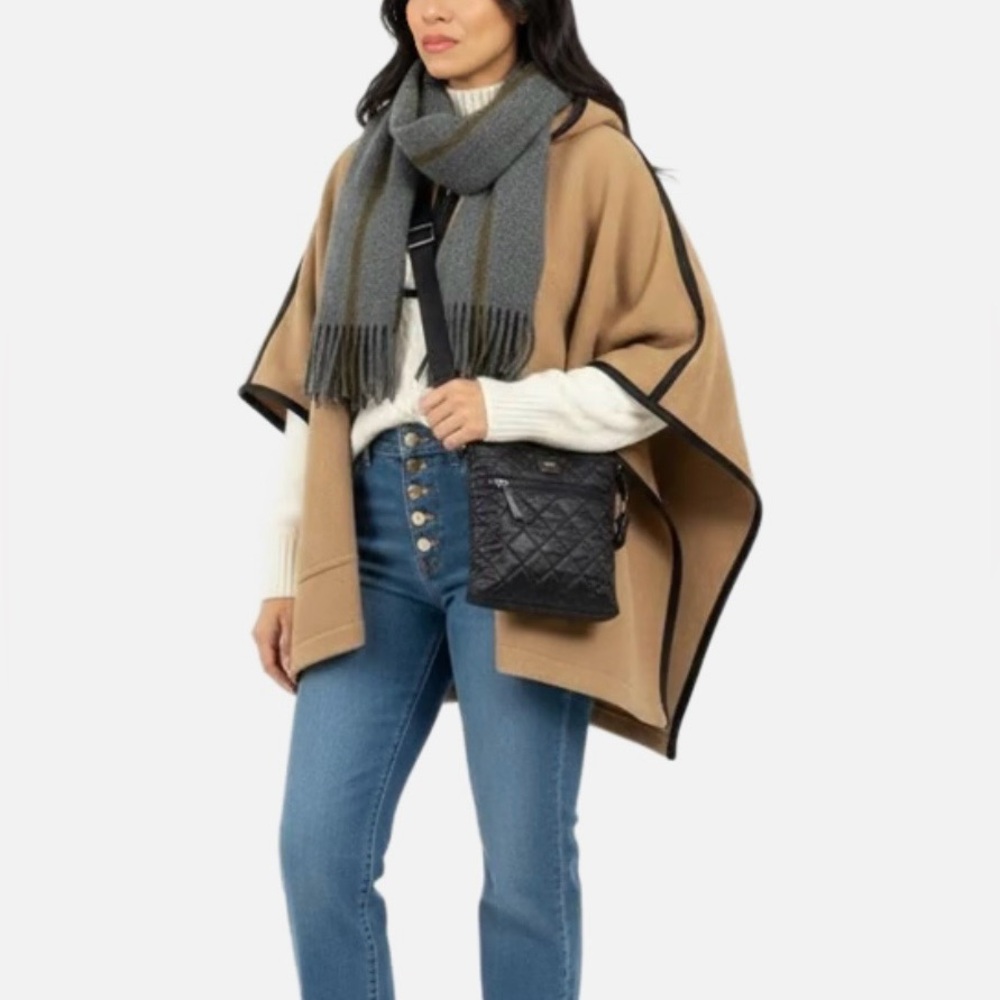 TROUVÉ Camel Wool Blend Leather Trim Hooded Poncho XSmall/Small